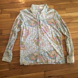 1970s novelty print shirt faeries and tea cups